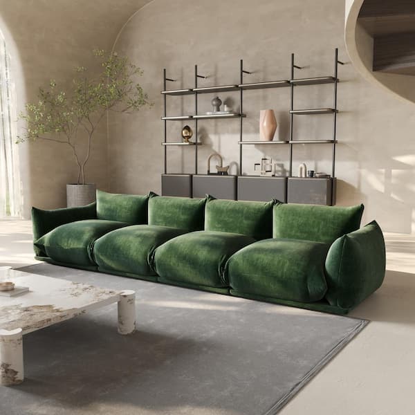 Magic Home Lawson Convertible Couch, 131 in. Flared Arm Marenco Chenille Modular 4 Seater Sofa in. Green for Living Room Office