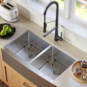 16-Gauge Stainless Steel 36 in. Double Bowl Farmhouse Apron Kitchen Sink with Grid and Basket Strainer