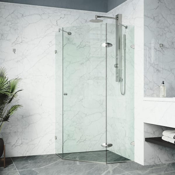 VIGO Verona 40 in. L x 40 in. W x 73 in. H Frameless Pivot Neo-angle Shower Enclosure in Brushed Nickel with Clear Glass