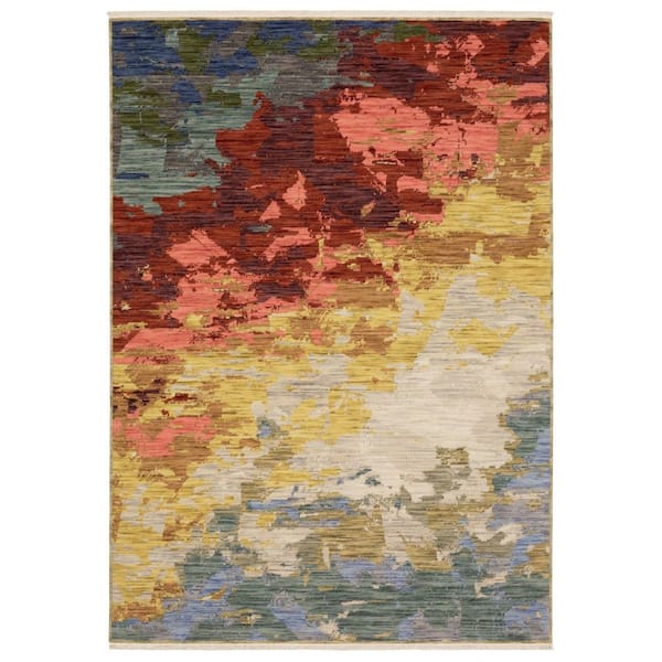 7' X 10' Beige Salmon And Yellow Abstract Area Rug With Fringe
