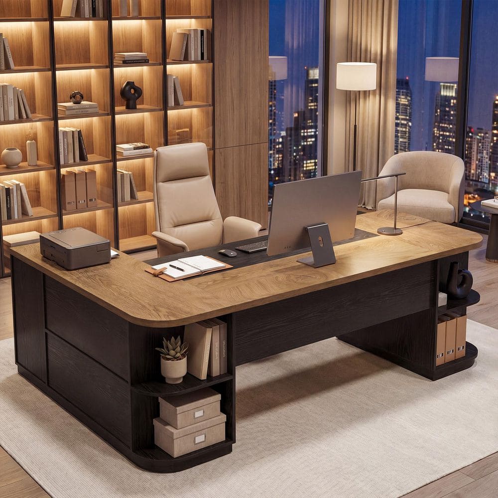 Capen 86.6 in. L-Shaped Executive Office Desk with Cabinet 3-Drawer 6 Open Shelves Brown and Black Large Desk Round Edge