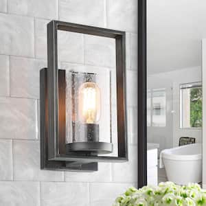 Modern Transitional Wall Sconce 1-Light Brushed Gray Linear Rectangle Wall Light with Cylinder Seeded Glass Shade