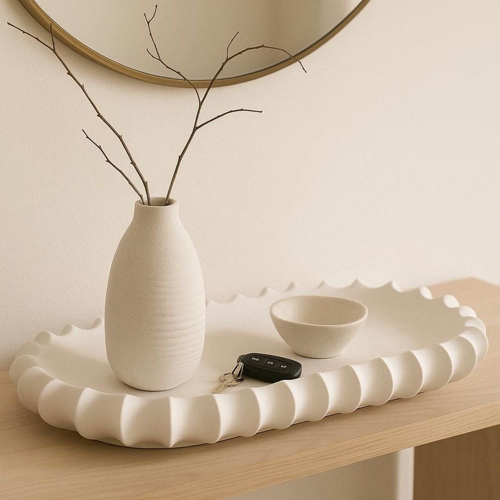 Beige 18.75 in. Oval Ceramic Decorative Accent Tray with Scalloped Edge