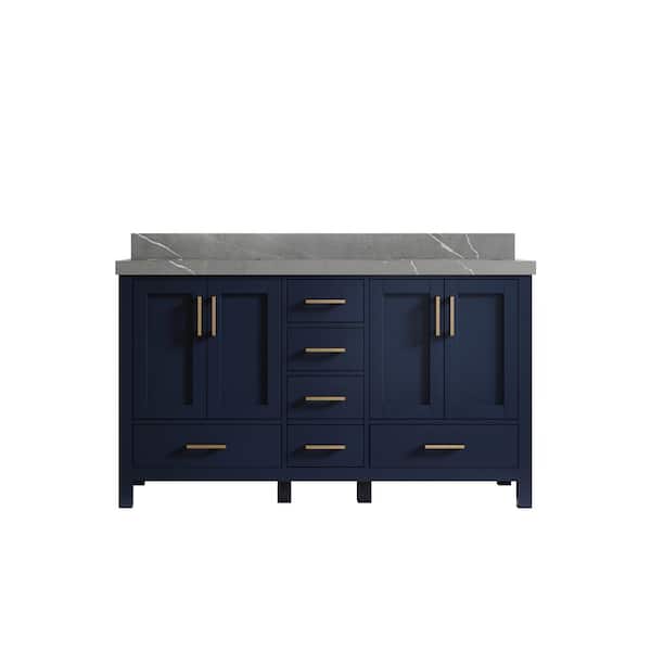 Willow Collections Malibu 60 in. W x 22 in. D x 36 in. H Double Sink Bath Vanity in Navy Blue with 2 in. Piatra Quartz Top