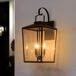 22 in. H Matte Black Outdoor Hardwired Wall Lantern Sconce with Clear Tempered Glass Shade and No Bulbs Included