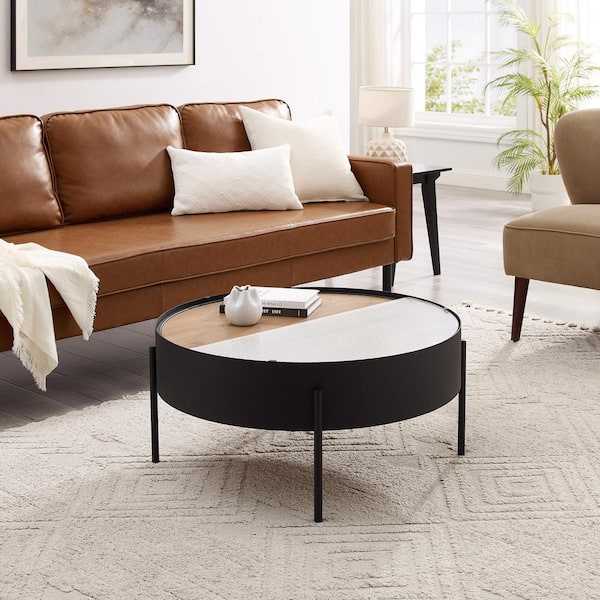 Walker Edison Furniture Company 33 in. Black/English Oak Fluted Glass Round Metal Drum Modern Coffee Table with Storage
