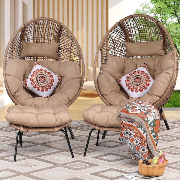 FINCATI 2-Piece Patio Furniture Wicker Outdoor Lounge Egg Chairs with Ottomans and Brown Cushion for Garden