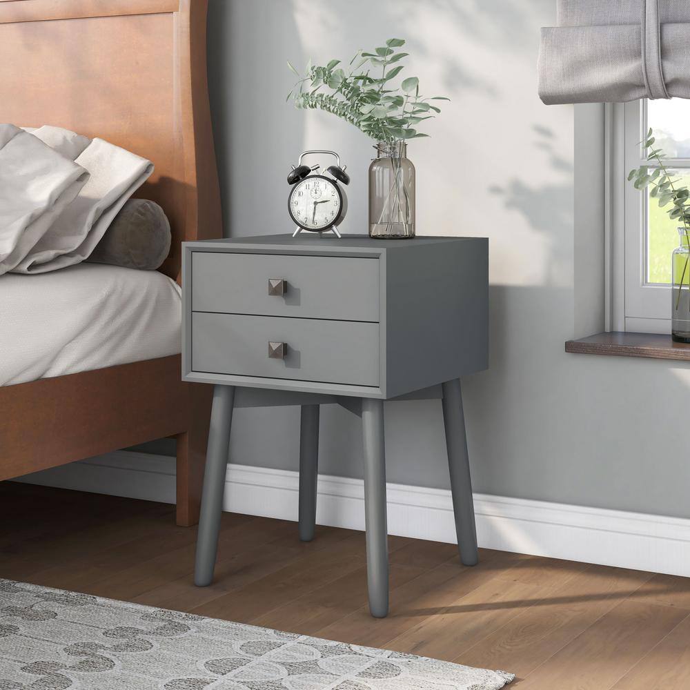 Gray Mid-Century Modern 2-Drawer Rubberwood Nightstand