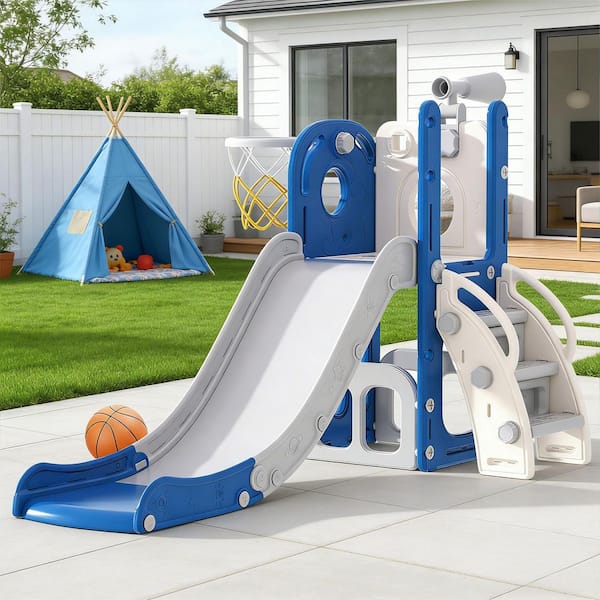 6-in-1 Toddler Slide Climber with Basketball Hoop and Telescope, ASTM HDPE Indoor Outdoor Playset