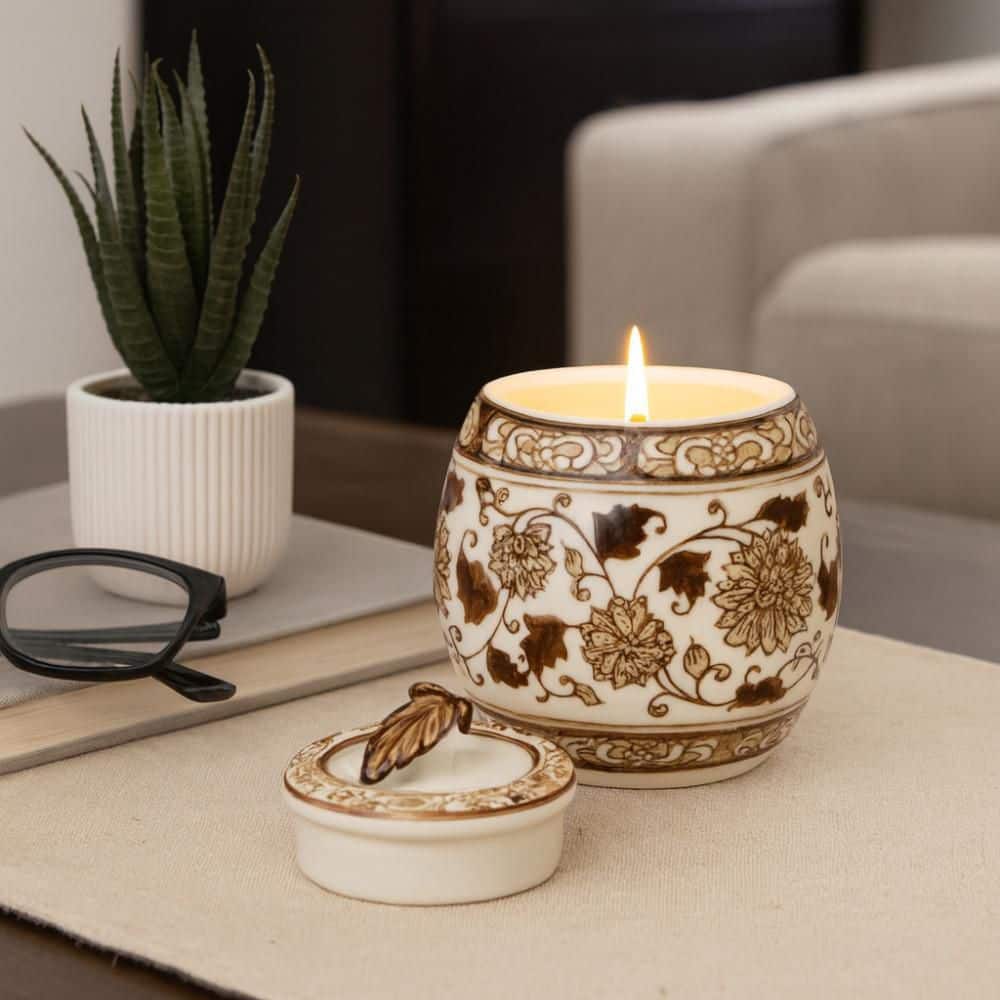 4.75 in. Brown and White Ceramic Peony Scented Chinoiserie Lidded Candle, 7 oz. price history on PriceWatchPro