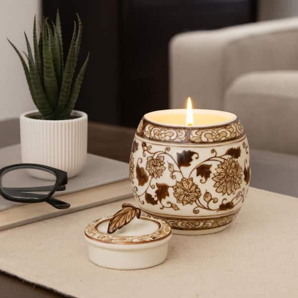 4.75 in. Brown and White Ceramic Peony Scented Chinoiserie Lidded Candle, 7 oz.