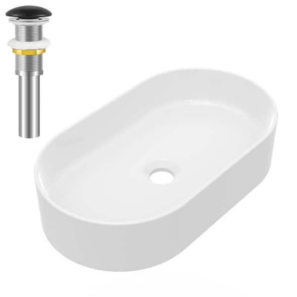 yulika Oval Sink 12 in . Bathroom Sink Ceramic Vessel Sink Bathroom Sink Modern with Pop-Up Drain in White and Black