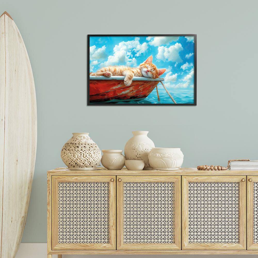 Sleeping Cat on Boat by Parable Visions Black Framed Animal Giclee Art Print 20 in. x 30 in. price history on PriceWatchPro