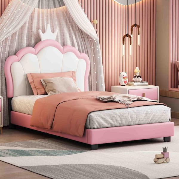 Pink Wood Frame Twin Size Platform Bed with Crown Headboard, Headboard and Footboard
