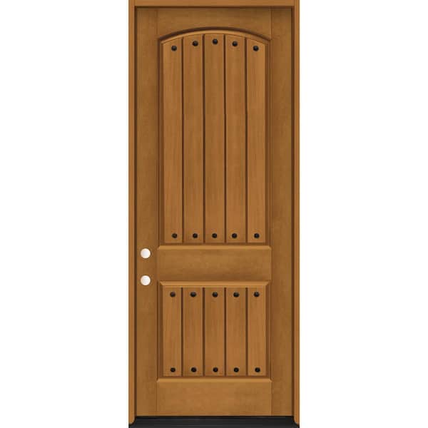 Steves & Sons Regency 36 in. x 96 in. 2-Panel Plank RHIS Autumn Wheat Stain Fiberglass Prehung Front Door with Clavos