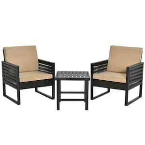 3-Pieces Outdoor Rattan steel Frame Patio Conversation Furniture Set with Brown Cushion