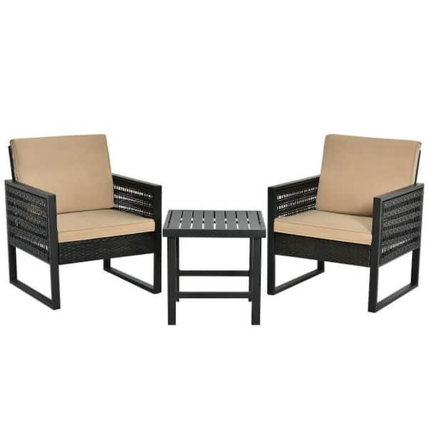Alpulon 3-Pieces Outdoor Rattan steel Frame Patio Conversation Furniture Set with Brown Cushion