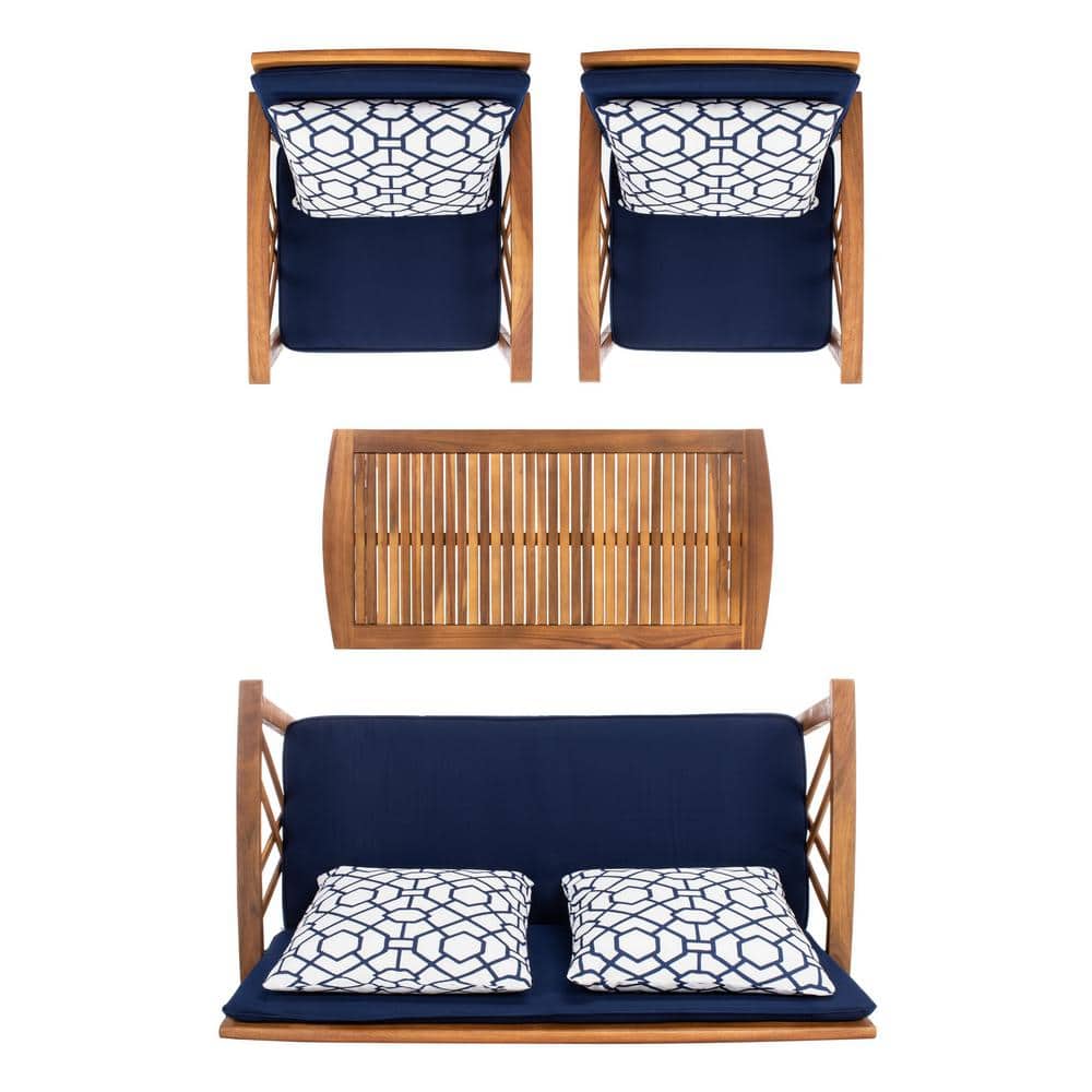 Fontana Natural Acacia Wood 4-Piece Patio Conversation Set with Navy Cushions