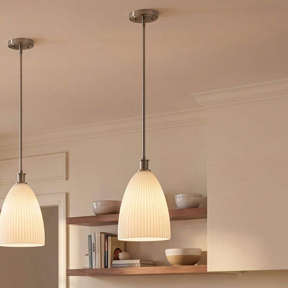 Baldwin 10 in. W x 15.6 in. H 1-Light Satin Nickel Transitional Pendant Light with White Opal Ribbed Glass Shade price history on PriceWatchPro