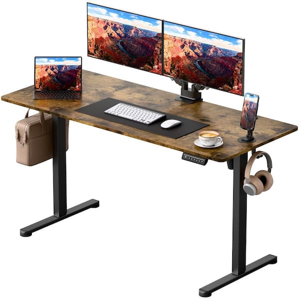 55 in. Rectangular Brown Electric Standing Desk with Phone Holder and USB Charging Port