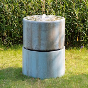26 in. Cement Pillar Fountain Contemporary Water Feature with Light for Lawn Deck and Patio