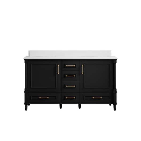 Willow Collections Hudson 60 in. W x 22 in. D x 36 in. H Double Sink Bath Vanity in Black with Cove Edge White Quartz Top