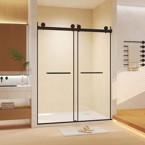 60 in. W x 74 in. H Double Sliding Frameless Shower Door in Matte Black with 5/16 in. Clear Glass, Water Blocking Strip