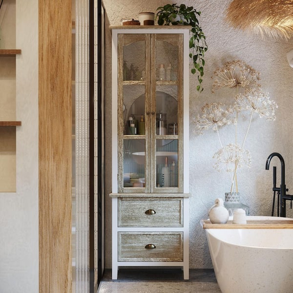 FUFU&GAGA White and Wooden Grain 73 in. Height Wood Accent Storage Cabinet with 2 Glass Doors, 3 Shelves & 2 Drawers