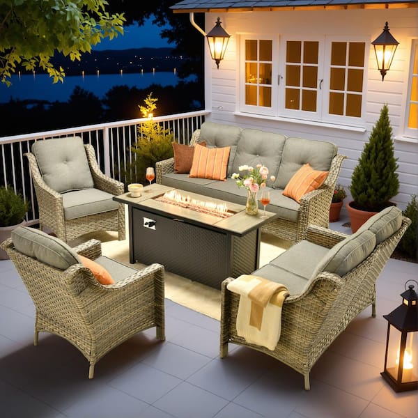 HOOOWOOO Cherry 5-Piece Wicker Outdoor Fire Pit Furniture Patio Conversation Sofa Set with a Loveseat and Dark Grey Cushions