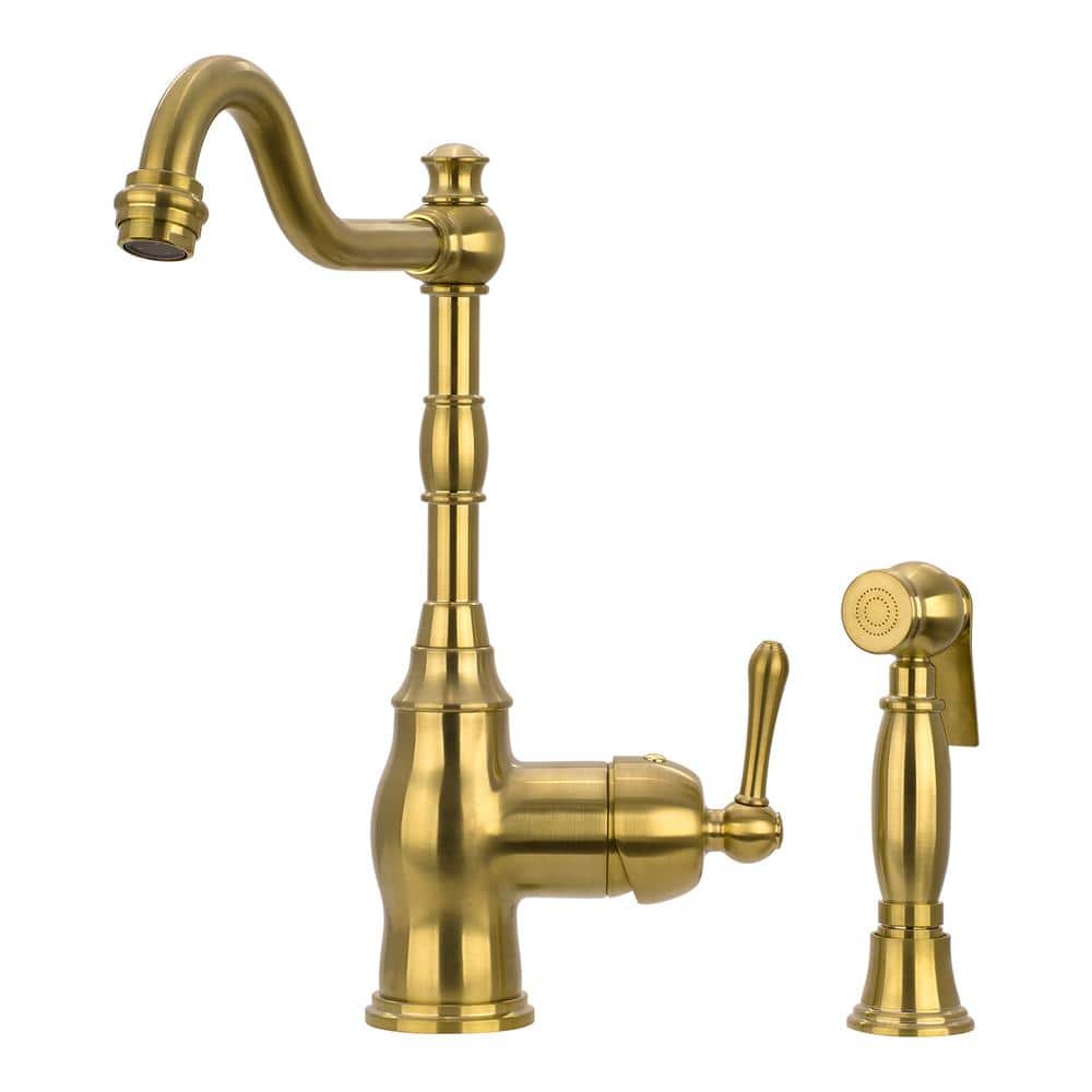 Single Handle Deck Mounted Standard Kitchen Faucet in Brass Gold with Side 