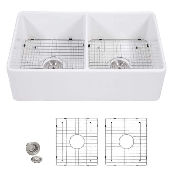 32 in. White Double Bowl Farmhouse Kitchen Sink, Apron Front 50/50 Fireclay Porcelain Ceramic Farm Sink with Accessories
