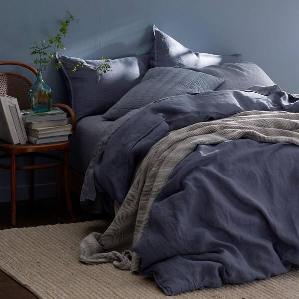 Legends Hotel Denim Blue Solid Washed Linen Twin/Twin XL Flat Sheet