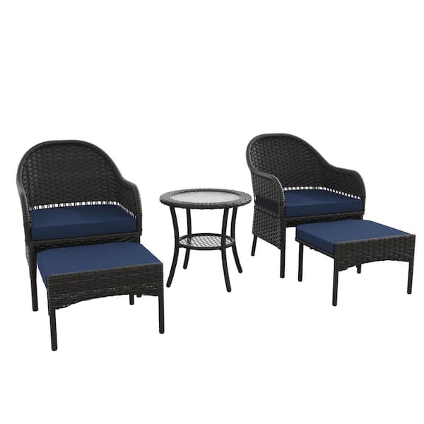 Unbranded 5-Piece PE Wicker Outdoor Patio Conversation Set with Navy Blue Cushions, Ottomans and Side Table
