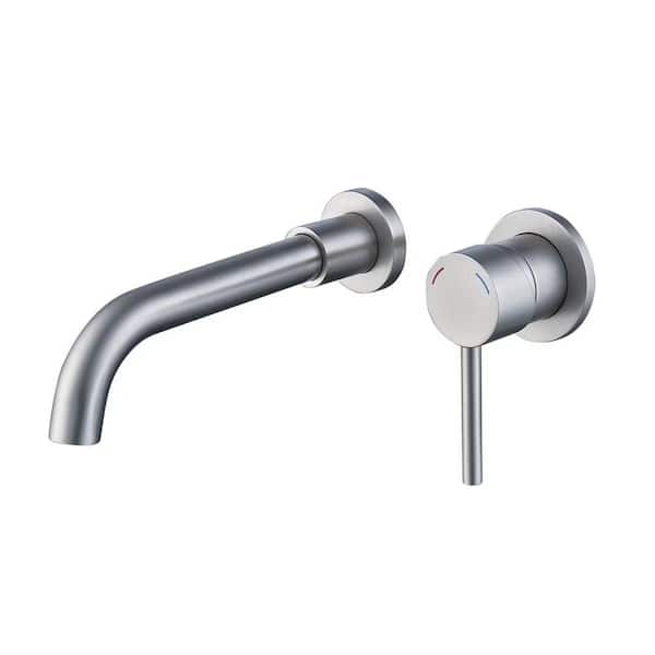 Dyiom Wall Mount Faucet for Bathroom Sink or Bathtub, Single Handle 2 Holes Brass Rough-in Valve Included,Brushed Nickel Steel