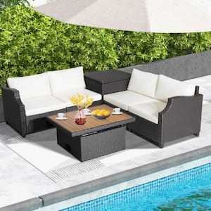 7-Piece Wicker Outdoor Patio Outdoor Sectional Set with with Acacia Wood Coffee Table and Off White Cushions