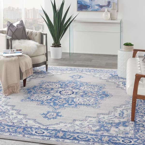 Whimsicle Grey Blue 8 ft. x 10 ft. Center Medallion Traditional Area Rug