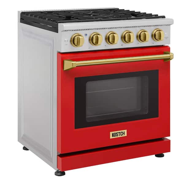 30 in. 5 Burners Freestanding Natural Gas Range with 4.55 cu. ft. Convection Oven in Red with Bronze Handle