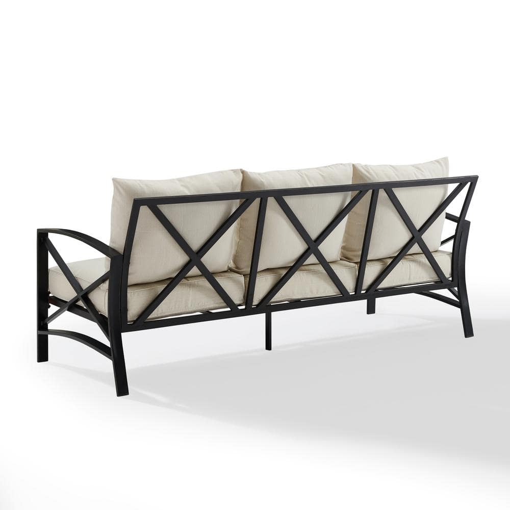 Oatmeal Cushioned Black Metal Three-Seat Outdoor Sofa
