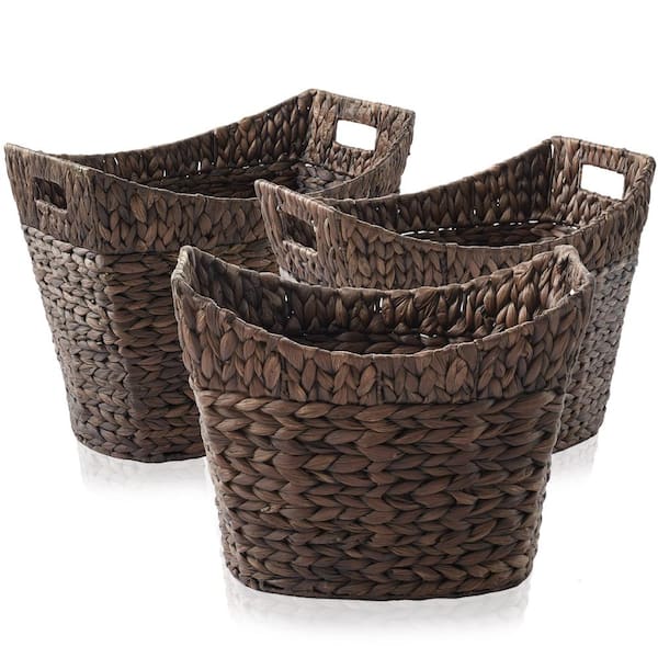Casafield Brown Espresso 19.75 in. x 14.75 in. Wicker Hyacinth Decorative Baskets Oval Laundry Storage Totes Sm, Md, Lg (Set of 3)