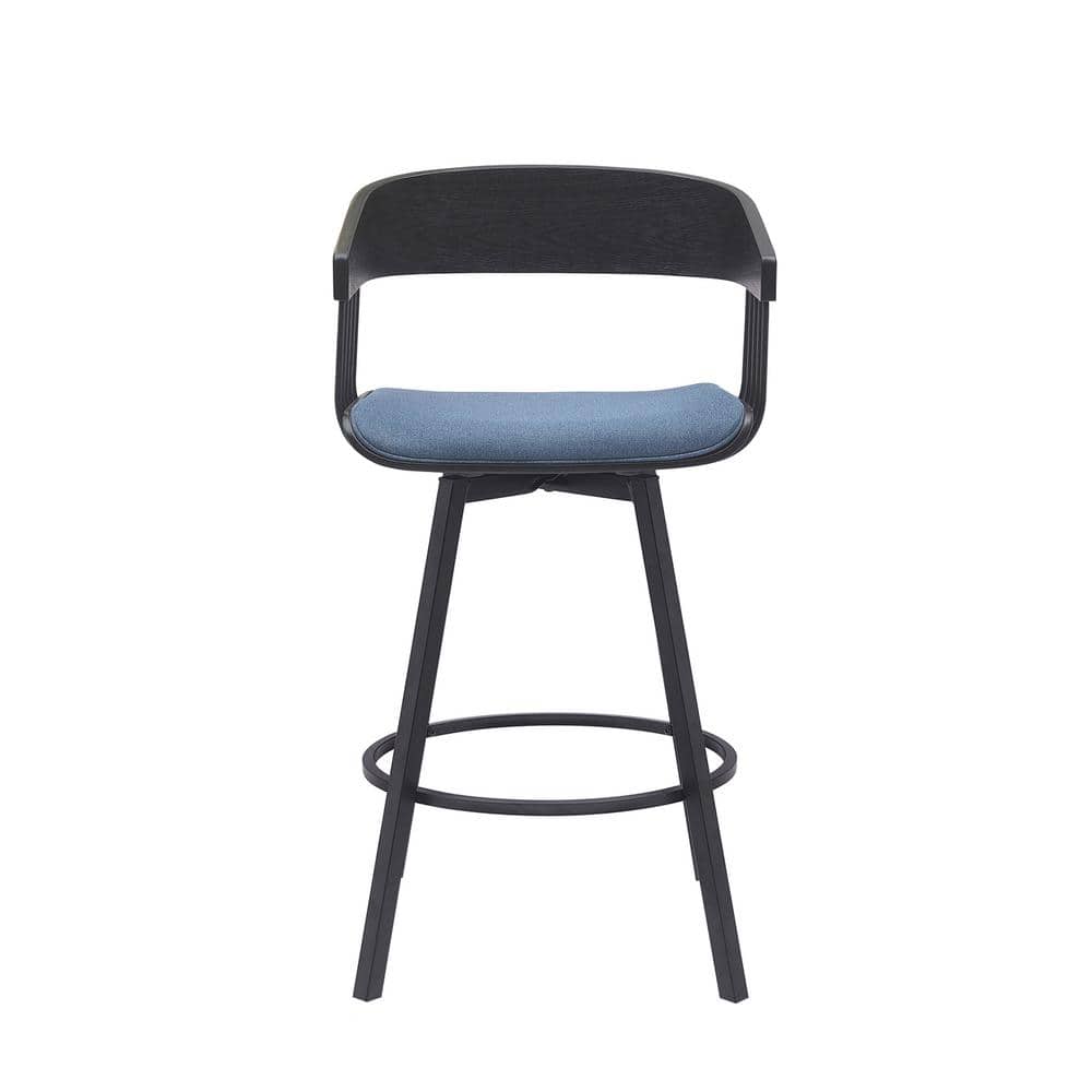 Athena 27" Swivel Black Wood Counter Stool with Blue Fabric and Black Metal