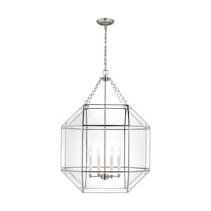 Morrison 23.25 in. Large 4-Light Brushed Nickel Octagonal Panel Hanging Pendant Light with A Clear Glass
