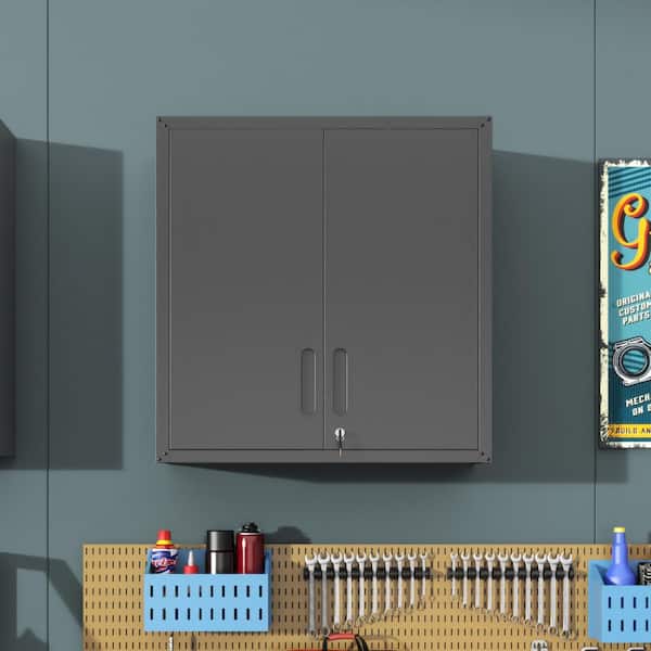 Metal Wall-Mounted Tool Storage Cabinet in Black with Locking Door, Adjustable Shelf for Garage Warehouse, Office