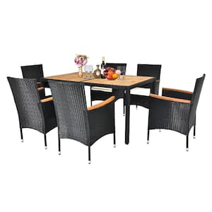 7-Piece Wicker Outdoor Dining Set with White Cushions Outdoor Dining Set for 6 with Acacia Wood Table Top