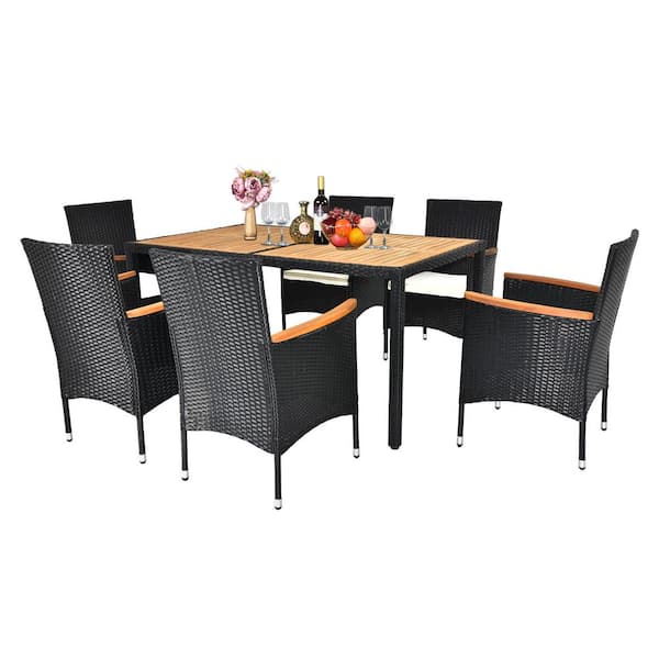 VINGLI 7-Piece Wicker Outdoor Dining Set with White Cushions Outdoor Dining Set for 6 with Acacia Wood Table Top