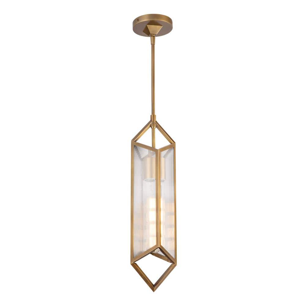 Cairo 19 in. 1 Light 60-Watt Ribbed Glass/Vintage Brass Pendant Light