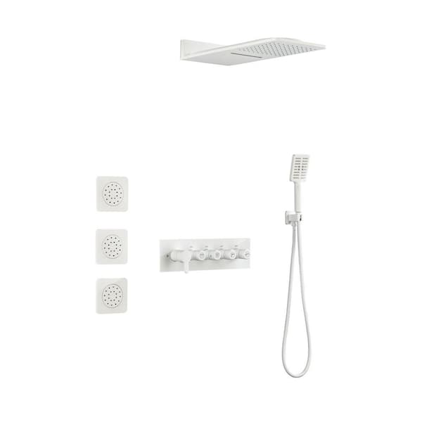 FORCLOVER 3-Spray Waterfall High Pressure Wall Mounted Shower System with 3 Body Sprays and Handheld Shower in White