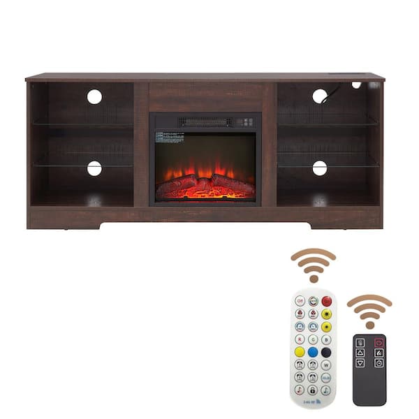 58 in. W Freestanding Wooden with LED Lights and USB Charging Outlet 3D Electric Fireplace TV Stand in Espresso