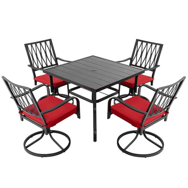 Black 5-Piece Metal Square Outdoor Dining Set with Cushion Patio Furniture Set with Swivel Chair
