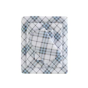 Cozy Cotton Flannel 4-Piece Blue Plaid Cotton California King Printed Sheet Set
