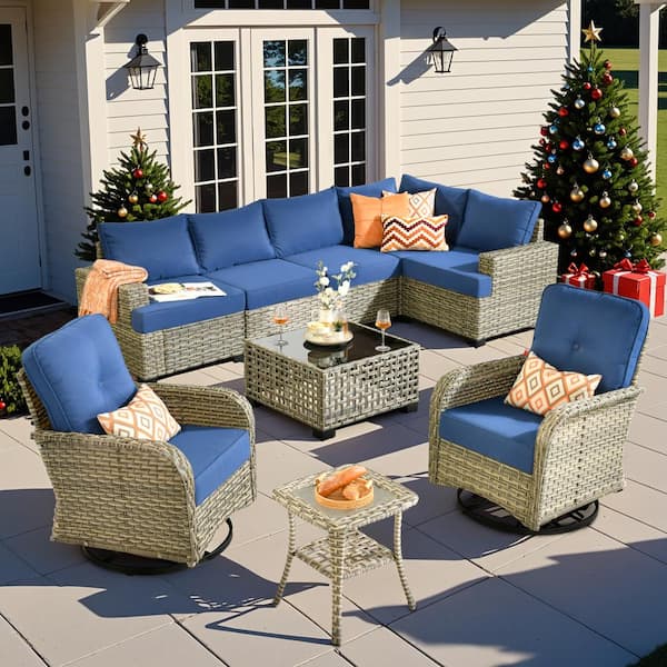 HOOOWOOO Merritt 9-Piece Wicker Outdoor Furniture Patio Conversation Sofa Sectional Set with Swivel Chairs and Navy Blue Cushions